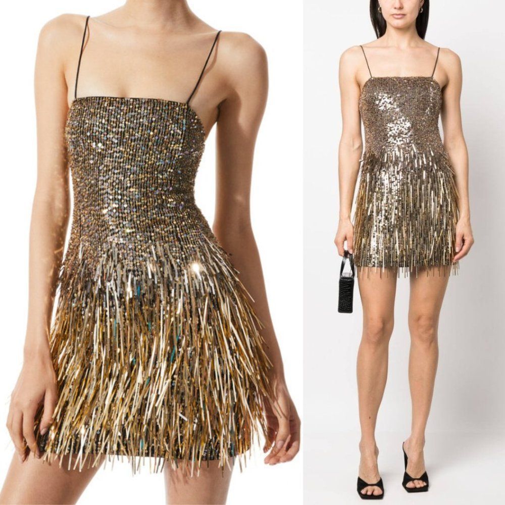 Alice + Olivia Fifi Gold Sequin Embellished Fringed Mini Dress - Size 2
